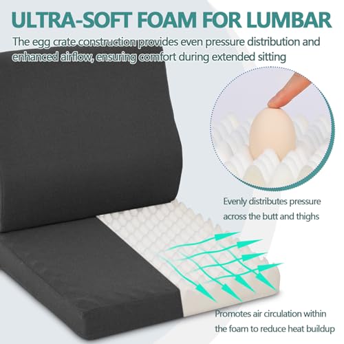Shinnwa Lumbar Support Pillow for Recliner, Ultra-Soft Foam Back Support Pillow and Egg Crate Foam Seat Cushion 2-in-1 for Couch, Office Chair, for Back Pain Relief, Charcoal - Thumbnail 4