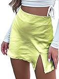 Women High Waisted Aline Skirts Silky Finish Split on Side Mini Skirt (S, Lime)