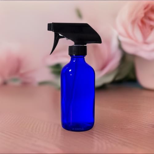 JUVITUS 8 oz Cobalt Blue Boston Round Refillable Bottle With Black Trigger Spray with Adjustable Nozzle (Single)