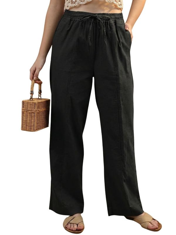 dtr fashion Women's Solid Stretchable Pure Cotton Casual Styled with High Waist Elastic Waistband with Drawstring Wide Leg Trouser-picture-30