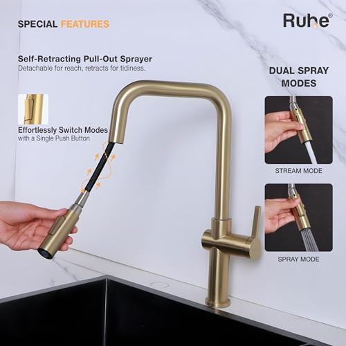 Image of Ruhe Opulo Dual Flow Pull-out Kitchen Mixer Faucet - Brushed Gold | 360 Swivel | Hot & Cold Water Faucet | Single Lever Tap | Table Mounted Kitchen Sink Tap