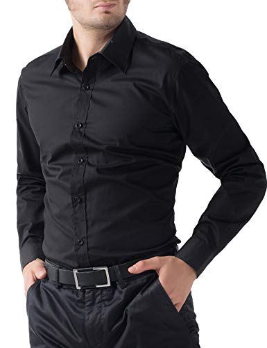 Pj Paul Jones Men's Black Long Sleeve Button Down Dress Shirts Designer Slim Fit Dress Shirts Office Wear (Black,L) #TOP1