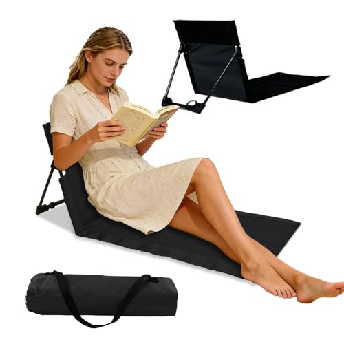 SKIKHN Esterilla de Playa Plegable, Sterilla de Playa con Respaldo, Portátil Sillón de Playa con Respaldo con Funda de Transporte, para Camping, Actividades al Aire Libre, Playa y Viajes (Negro)