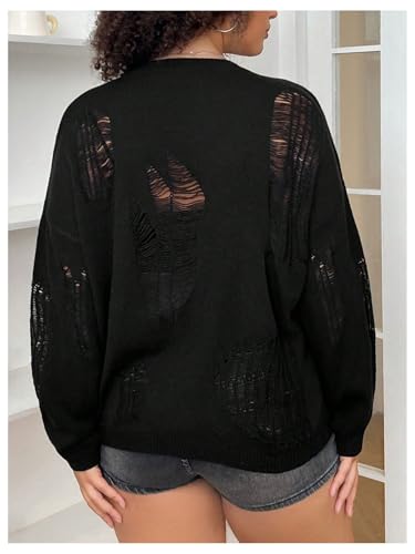 Women's Plus Size Distressed Sweater Hollow Out Crew Neck Ripped Sweaters Long Sleeve Knit Tops2