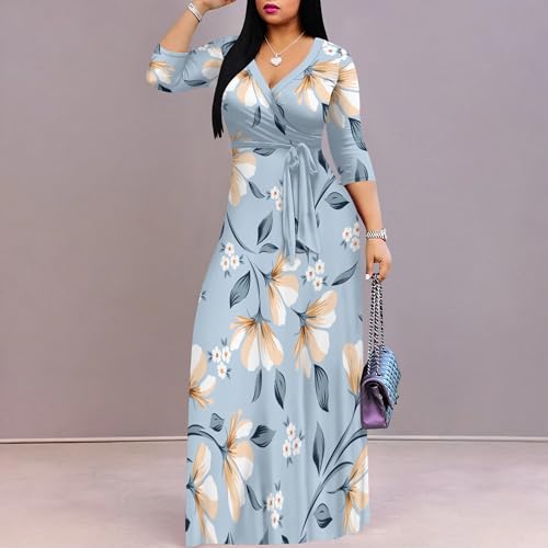 Image of Women's V Neck Floral Maxi Dress 3 /4 Sleeve Plus Size Boho Wrap Flowy Long Dresses with Belt