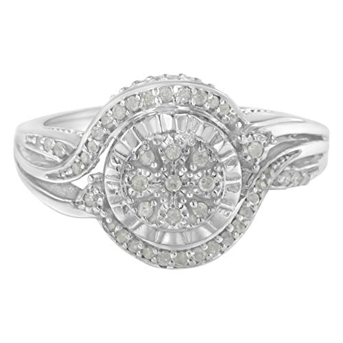 .925 Sterling Silver 1/4 Cttw Diamond Round Cluster Miracle-Plate Halo Split Shank Band Cocktail Engagement Ring (I-J Color, I3 Clarity)