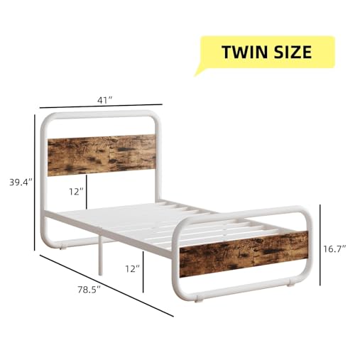 Image of Twin Bed Frames, Metal Platform Twin Bed Frame with Wood Headboard, White