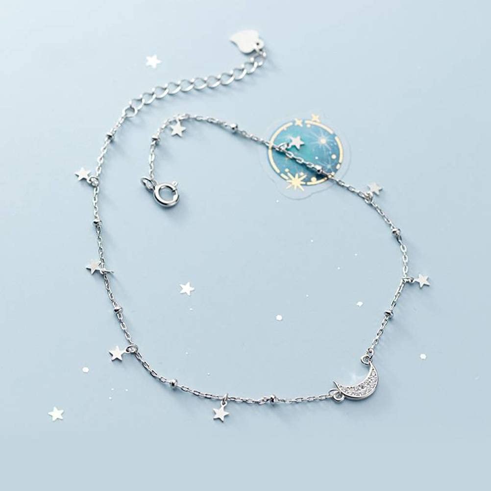 LYGBAOFUL Tobillera S925, Luna de señora, Estrella Brillante de Cinco Puntas, Diamante, Cuentas Ligeras, Adornos de corazón y pie para niña Tobillera s925