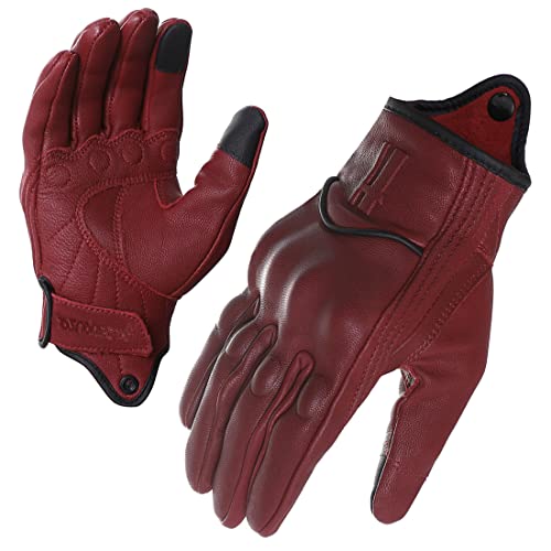 Harssidanzar GL016 Gants de moto à doigts entiers en cuir de chèvre pour femme Écran tactile Rouge sang de bœuf Taille M