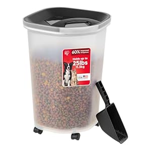 IRIS USA Pet Food Storage Container 25 lbs, Premium 60% Improved Airtight Seal with Air Valve, 2 Cup Scoop, Removable Wheels, Easy to Open – Made in the USA, Black
