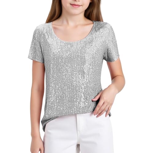 T-shirt fille décontracté à paillettes col rond été