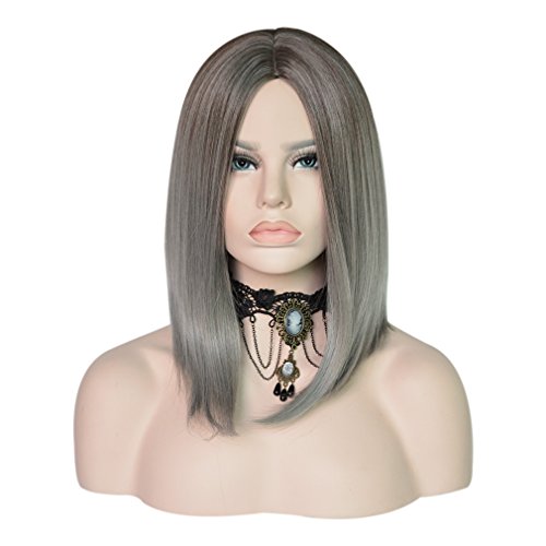 DEEKA 12" Straight Women's 2 Tones Brown and Silver Gray Ombre Wig Heat Resistant Fiber Synthetic Wigs+Wig Cap+Wig Comb
