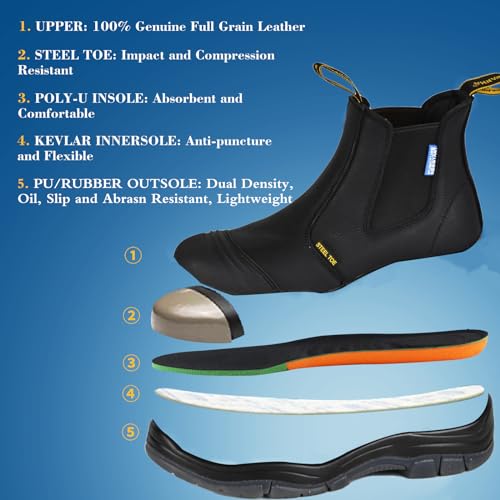Image of Work Boots for Men, Steel Toe, Puncture-Resistant, Pull on Chelsea Leather Safety Boots, US Size 7-15 M & W