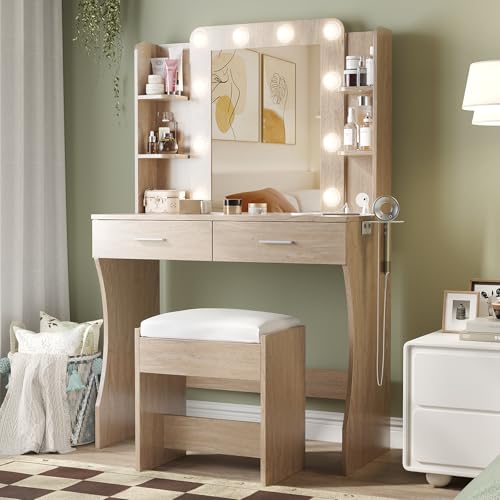 Image of Vabches Vanity Desk with Mirror and Lights,Makeup Vanity Table with Charging Station,2 Drawer Bedroom Dressing Table with 3 Colors Modes Dimming & Cushioned Stool,Natural Oak