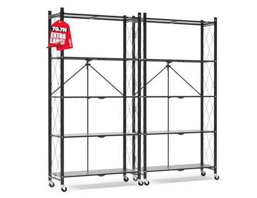 Image of ALANNG 70.7 inch H Metal Storage Shelves, 5 Tier Folding Shelf on Wheels | Heavy Duty, No Assembly, Rolling, Collapsible Rack Unit for Kitchen, Basement, Pantry (Black,2 Pack)
