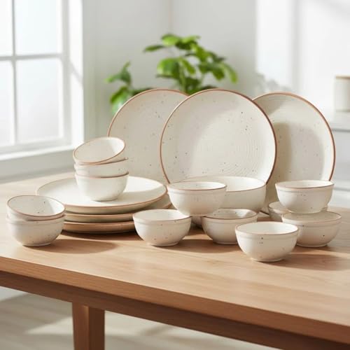 Image of Freakway Handcrafted Stoneware Dinner Set Ceramic Set of 19 Pcs for Dinner with Bowls | 6 Ceramic Dinner Plate, 12 Bowl /katori Set & 1 Large Bowl | - Off White