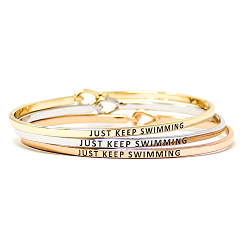 Me Plus Inspirational Bracelets For Personalized Gifts Positive Message Engraved Thin Bangle Hook Bracelet (Just Keep Swimming - Silver) #TOP7