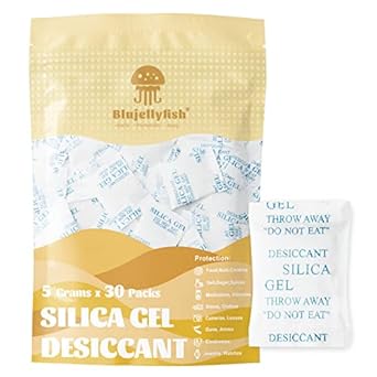 Blujellyfish Desiccant Silica Gel Packets Dehumidifiers, 5 Gram per Packets, a Bag Contains 30 Packets, Moisture Absorbers for Nuts Coffee Food Storage, Camera Lens, Electronics [30 Packets]