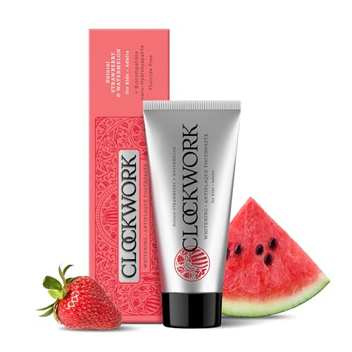 Image of Clockwork Kids Premium Toothpaste, Strawberry Watermelon - Fluoride Free & SLS Free, Ages 2-12 | Anti-Cavity & Enamel-Safe with nano-Hydroxyapatite (nHAP) + 10% Xylitol | Dentist-Approved, Natural & Non-Toxic | 80g