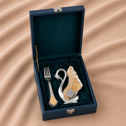 Image of Decorative Swan Fork Holder with Fork Set | Elegant Silver & Gold Finish | Tabletop Dining Organizer | Home Decor & Dining Table Accessory