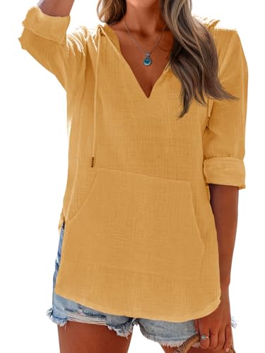 Ebifin Women's Beach Cover Up hoodies sweatshirt Long Sleeve V Neck Pocketed Hooded Shirt Top Yellow3