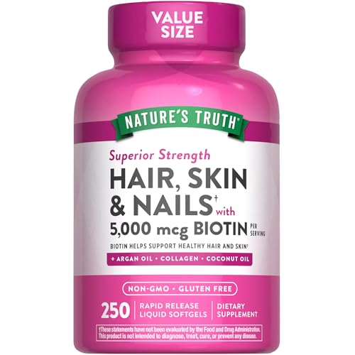 Nature's Truth Hair, Skin & Nails Vitamins | 5000mcg | 250 Softgels | Includes Collagen, Biotin and Coconut Oil | Non-GMO & Gluten Free Supplement for Women and Men