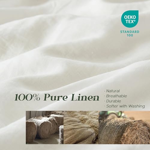 Simple&Opulence 100% Linen Duvet Cover Set, 3 PCS Natural French Flax White Duvet Cover Queen Size, Breathable Soft Comfy Linen Bedding Comforter Cover with 2 Pillowcases(White, 88\"x92\")