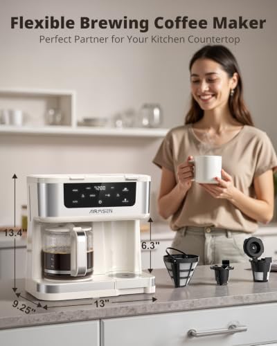 Image of AIRMSEN 12-Cup Programmable Duo Coffee Maker - Single Serve Machine for K-Cup Pods & Ground, 1000W Fast Brew, Delay Start, 2H Keep Warm, Touchscreen, 60oz Tank, Glass Carafe - Home & Office
