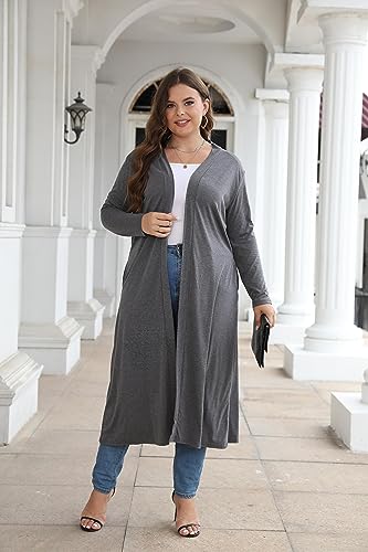 Image of Women Plus Size Floor Length Open Front Drape Cardigan Lightweight Long Sleeve Maxi Duster with Pockets 1X-5X