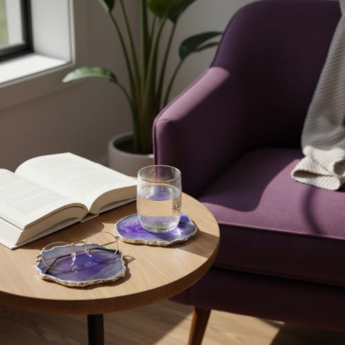 Image of Natural Agate Stone Tea Coasters Set | Premium Stone Coasters for Tea, Coffee & Glass | Heat Resistant Coasters for Dining Table, Office Desk & Home Decor | Pack of 2 | Color -Purple