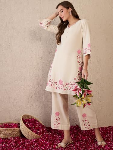 Image of INDO ERA Women's Pure Cotton Embroidered Straight Kurta & Palazzo Set | cotton kurta sets for women
