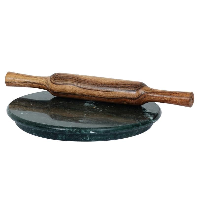 Image of 10 Inch Green Marble Chakla Belan Set | Indian Marble Roti Rolling Board | Roti Maker Phulka Maker Chapati Maker | Smooth Finish Heavy Duty Chakla with Wooden Rolling Pin for Home & Kitchen