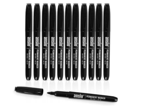 ANSIO Permanent Marker Pens Black Ink Fine Tip Markers Ideal for Office Home & School Works on Paper Plastic Metal & Glass (Pack of 12)