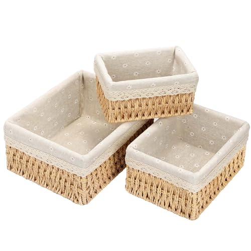 PALUDO Set of 3 Storage Baskets, 3 Sizes Wicker Bathroom Basket, Small Natural Paper Rope Changing Basket, Woven Hamper Baskets for Shelves, Cosmetics, Makeup, Toys, Table Organiser