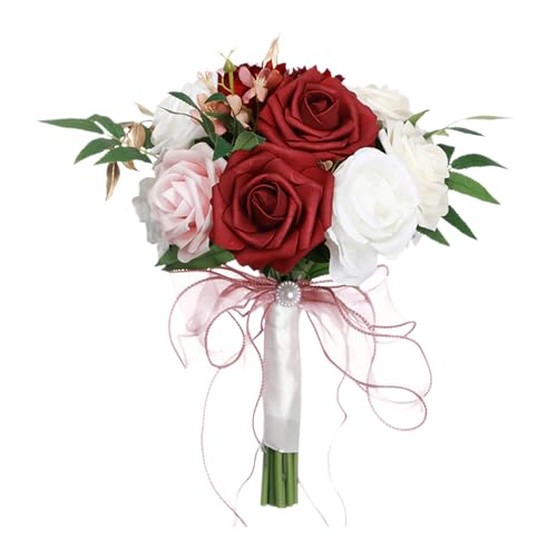 Pflanzen im Topf für die Braut, Brautjungfern, großer Brautstrauß, weiß, champagner, elfenbeinfarben, Seidenrosen, Blumen für die Hochzeit, französischer -Boho-Blumenstrauß zur deko ( Red, 29x22cm)