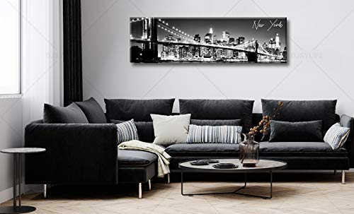 Image of New York Skyline Wall Art Black White Brooklyn Bridge Decor 13.8 inch x 47.3 inch | Night View Canvas Prints Nyc Building Panoramic Cityscap Picture Modern Artwork for Bedroom Office Decor Framed Ready to Hang