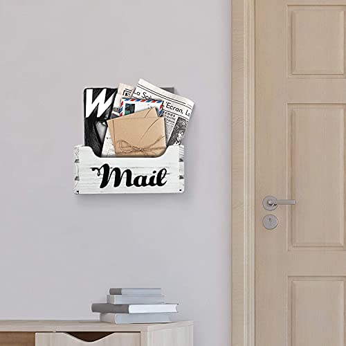 Updesign Rustic Mail Holder Box, Rustic Wood Mail Organizer with Hanging Hardware Decorative Wooden Mail Holder for Wall Mail Organizer, Letter Holder Organizer Desk Decor (Rustic White)……