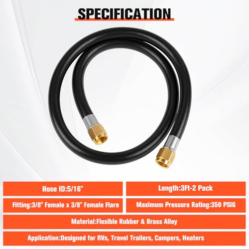 Image of Wadoy RV Propane Hose Connector Assembly 3 Foot - 3 /8 inch Female Flare x 3 /8 inch Female Flare Quick Connect Hose 59913 (Total length 3.28ft) 2 Pack