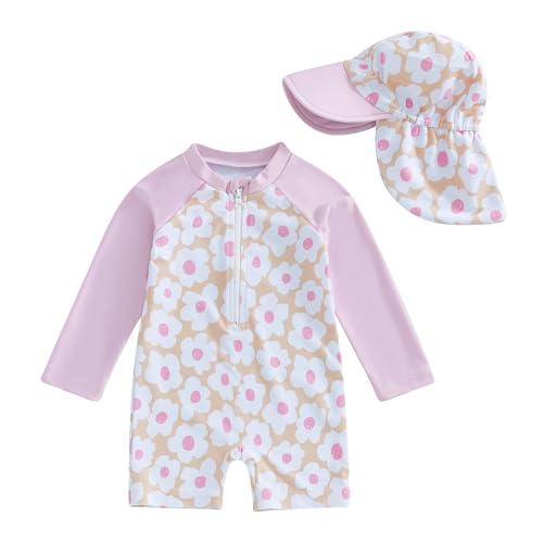 Carolilly Maillot de Bain Une Pièce Enfant Bébé Fille Zippé à Manches Longue Anti-UV avec Chapeau (Violet, 6-12 Months)