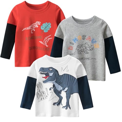 Image of SUPFANS Toddler Boys Long Sleeve Shirts 100% Cotton T-Rex Dinosaur T-Shirts Multipacks, C-3 Pack, 6 Years