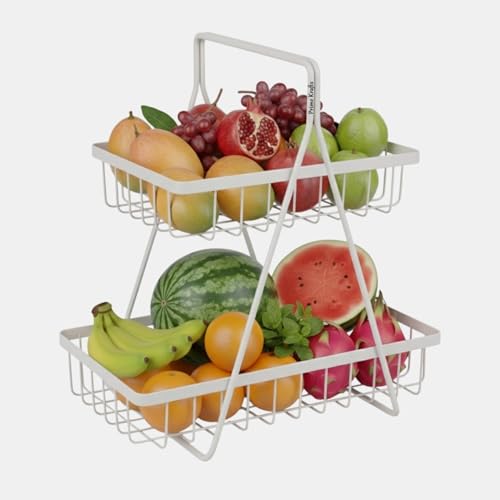 Image of 2 Tier Metal Fruit and Vegetables Basket with Handle | Fruit Vegetables Snacks and Bread Organizer for Kitchen, Dining Table, Livingroom | Bathroom Countertop Stand (Design 2 - White)