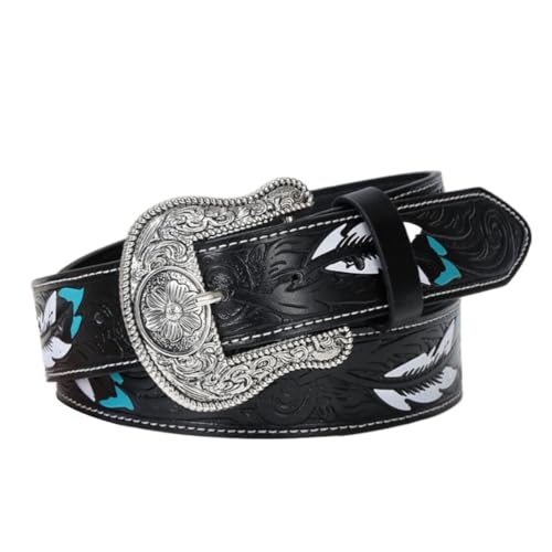 Western Cowboy Cowgirl Belt Women Men, Turquoise Buckles Embossed Leather Belt for Jeans Pants Rodeo,Black b,110CM/43.3''
