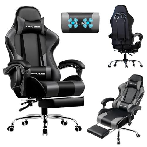 LUCKRACER Silla Gaming con Masaje Ergonómica | Reposapiés y Reposacabezas Retráctil | Soporte 150 kg | Oficina y Hogar | Color Gris