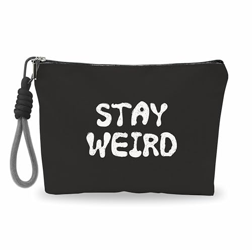 Make Up Bag, Cosmetic Bag With Hand Strap - Stay Weird - Lined Toiletry Bag For Woman - Travel Pouch, Black Organizer With Zipper, Women Essentials & Accessories - A10