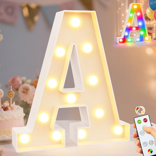 Image of Pooqla LED Light Up Letters, Warm White and Colorful Lighted Marquee Letters with Remote, Lighted Letter for Party Birthday Decorations, Gift for Girls Boys Night Light, Wedding Home Decor, Letter A