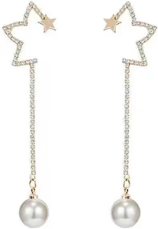 Long Pearl Tassel Drop Earrings Vintage Pearl Tassel Chain Earrings Gold Half Pentagram Earrings Tassel Pearl Wedding Earrings Jewelry for Girls Gifts