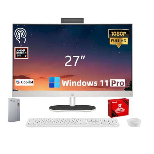 Image of HP 27 inch Touchscreen All-in-One Desktop Computer - 64GB DDR5 RAM, 2T SSD, AMD Ryzen AI 7 350 (Up to 5.0GHz),FHD IPS Display, AI Copilot+, WiFi6, Bluetooth 5.4, Windows 11 Pro, KB & Mouse, Accessories