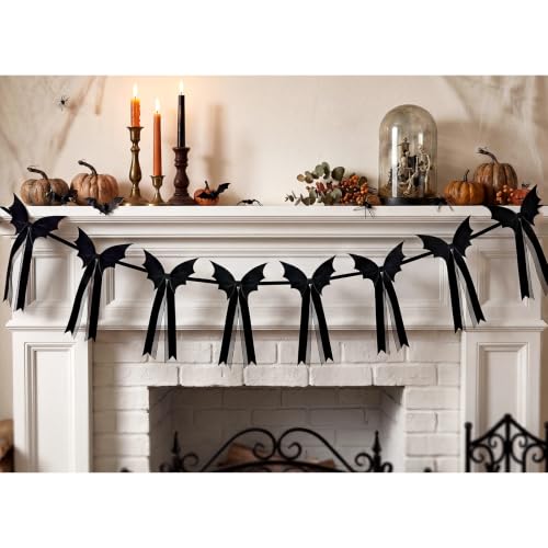 Bunny Chorus Halloween Garland, 6.5 Ft Black Velvet Bat Bow Garland, Gothic Bat Garland Halloween Decorations, Elegant Halloween Banner for Mantle Fireplace Home Office Wall