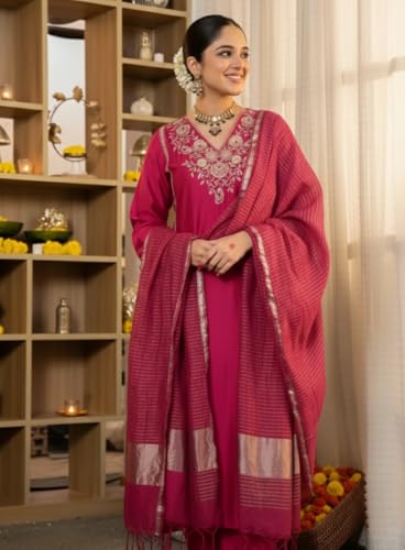 Image of Klosia Women Embroidery Solid Straight Kurta and Pant Set with Dupatta