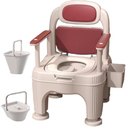 REENEW ポータブルトイレ 介護用 簡易トイレ 調節肘掛け トイレ椅子 介護用トイレ 寝室 防災グッズ 非常用 トイレ 介護用品 転倒防止 高齢者 (レッド)